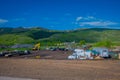 YELLOWSTONE NATIONAL PARK, WYOMING, USA - JUNE 07, 2018: Outdoor view of machine camp located at one side of the road