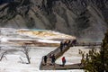 Yellowstone, Wyoming, USA, May 24, 2021: Tourist on the boardwalk at Mammoth Hot Springs