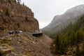 Yellowstone, Wyoming, USA, May 24, 2021: Tourist driving on the Golden Gate Viaduct on the Grand Loop Road