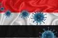Yemen flag. Blue viral cells, pandemic influenza virus epidemic infection, coronavirus, infection concept. 3d-rendering