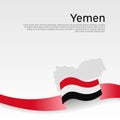 Yemen flag, mosaic map on white background. Wavy ribbon with the yemeni flag. Vector banner design, yemen national poster. Cover