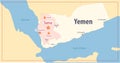 Yemen map with main cities Sana with an area under the attack and Red sea. strikes Houthis in Yemen illustration