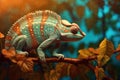 Yemeni chameleon isolated on large black background lizard on green leaf Brightly colored skin, colorful chameleons