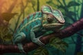 Yemeni chameleon isolated on large black background lizard on green leaf Brightly colored skin, colorful chameleons Royalty Free Stock Photo