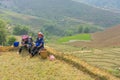 Yen Bai, Vietnam - Apr 12, 2014: Unidentified Hmong women relax on dry terraced paddy field in Mu Cang Chai district, Yen Bai, Vie