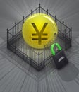 Yen coin in padlock closed fence concept