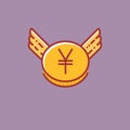 Yen coin with wings icon, flat line design style sign