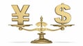 Yen and dollar currencies sign on golden scale 3D