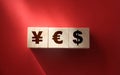 Yen, euro and dollar printed on wooden cubes. Currency trade concept