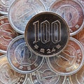 100 yen lies on a pyramid of Japanese 1 yen coins. Close up. View from above. Catchy bright square illustration. News about the Royalty Free Stock Photo