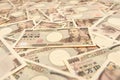 10,000 Yen Note - Background with perspective view of various banknotes of ten thousand yen front. Japanese money Royalty Free Stock Photo