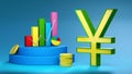 Yen symbol on the background of multi-colored chart columns, arrows and coins.