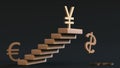 Yen symbol stands at the top of the ladder above the falling symbols of other currencies on a dark background. Minimalist style. Royalty Free Stock Photo