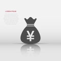 Yen, yuan bag money currency vector icon in flat style. Yen coin sack symbol illustration on white isolated background. Asia money Royalty Free Stock Photo