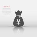 Yen, yuan bag money currency vector icon in flat style. Yen coin sack symbol illustration on white isolated background. Asia money Royalty Free Stock Photo