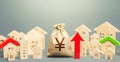 Yen Yuan money bag and a city of house figures and red up arrow. Recovery and growth in property prices, high demand. Increase Royalty Free Stock Photo