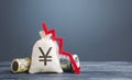 Yen yuan money bag and red arrow down. Economic difficulties. Stagnation, recession, declining business activity, falling wealth. Royalty Free Stock Photo