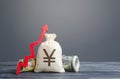 Yen yuan money bag and red arrow up. Economic recovery and growth, optimistic forecast of economic rise. Market stability. Influx Royalty Free Stock Photo