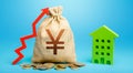 Yen Yuan money bag with red up arrow and residential building. Return on investment. Municipal budget. Recovery and growth Royalty Free Stock Photo