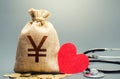 Yen Yuan money bag and stethoscope. Health life insurance financing concept. Funding healthcare system