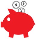 Yen, Yuan or Renminbi currency icon or logo on coins entering a piggy bank. Royalty Free Stock Photo