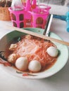 Yentafo nodle red sauces with fishball