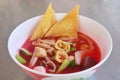 Yentafo noodle with Pink seafood noodles soup. Thai Street Food