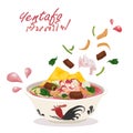 Yentafo Thai food illustration is asian Thailand noodle with red or pink soup delicious and healthy street food in Thailand.vecto