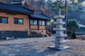 Five story stone caved pagoda at Buddhist temple