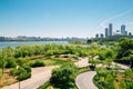 Yeouido modern cityscape and Han river park in Seoul, Korea Royalty Free Stock Photo
