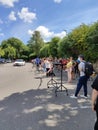 15/06/2020 - Yeovil, England - People waiting 2 meters apart in the long queue to get to Sports Direct store