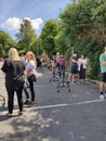 15/06/2020 - Yeovil, England - People waiting 2 meters apart in the long queue to get to Sports Direct store