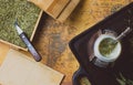 Yerba herb mate on antique map. Top View. Vintage background Royalty Free Stock Photo