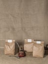 Yerba mate gourd and packs of yerba isolated on white background.