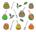 Yerba mate tea leaf, calabash gourd and bombilla colored, hand drawn Royalty Free Stock Photo