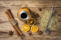 Yerba with spices on wooden table