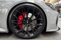 Yerevan, Armenia, April 15, 2023 : Front view of logo of Audi RS7 on alloy wheel. Car exterior details. Tyre and alloy wheel with Royalty Free Stock Photo