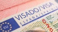 Yerevan, Armenia, December 25, 2023: Closeup Spain visa focusing on the word VISA. Schengen visa stamp background Royalty Free Stock Photo