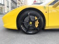 Yerevan, Armenia, March 19, 2023: The brake system of sports car Ferrari 458 Italia. Ferrari 458 Italia in the city