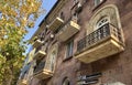 Yerevan, Armenia - October 8, 2022: beautiful vintage decorated balconies of residential building with patterns and wrought iron