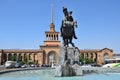 Yerevan, Armenia, September, 06, 2014. Armenian scene: Railway station in Yerevan and monument to David Sasunsky Royalty Free Stock Photo