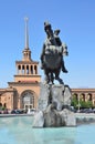 Yerevan, Armenia, September, 06, 2014. Armenian scene: Railway station in Yerevan and monument to David Sasunsky Royalty Free Stock Photo