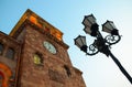 Yerevan city, Republic Square street signs and a clock tower at golden hour Royalty Free Stock Photo