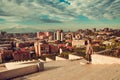 Yerevan cityscape from complex cascade. Touristic architecture landmark. City tour. Tourist woman enjoy travel to Armenia. Tourism