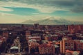 Yerevan cityscape. Travel to Armenia. Tourism industry. Impressive Mount Ararat background. Cloudy sky. Armenian architecture. Cit Royalty Free Stock Photo