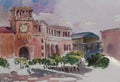 Yerevan republic square with clock building and fountain watercolor postcard handpaint art illustration