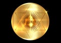 Sacred Masonic symbol. All Seeing eye, the third eye The Eye of Providence inside triangle pyramid. New World Order. Gold icon