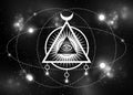 Sacred Masonic symbol. All Seeing eye, the third eye The Eye of Providence inside triangle pyramid. New World Order. Isolated Royalty Free Stock Photo