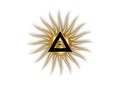 Sacred Masonic symbol. All Seeing eye, the third eye The Eye of Providence  inside triangle pyramid. New World Order. Gold icon Royalty Free Stock Photo