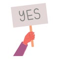 Yes banner. Isolated text placard, hand hold right or wrong message. Idea or choice, correct and incorrect dialog mark